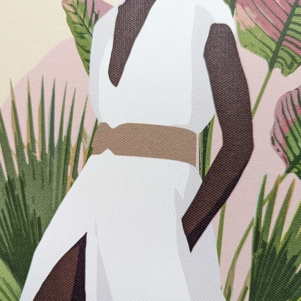 Modern Woman in a White Dress & Palm Leaves Canvas Wall Decor 10 x 8 NWT